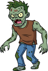 Cartoon zombie character with green skin, scary face, ripped clothes, Halloween monster design, spooky undead creature for horror themes