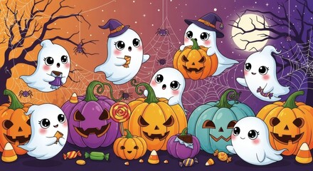 Obraz premium Spooky Halloween Fun with Adorable Ghosts, Smiling Pumpkins, and Colorful Candies for a Festive Celebration, Perfect for Kids' Parties and Holiday Decor