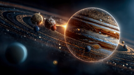 Artistic depiction of a stylized planetary system with colorful gas giants and moons orbiting a luminous star