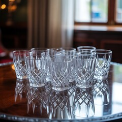 Crystal cut glasses reflecting light on a polished surface