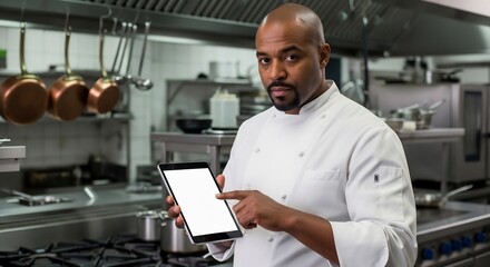 Professional chef demonstrates modern kitchen technology, holding a digital tablet in a commercial restaurant setting