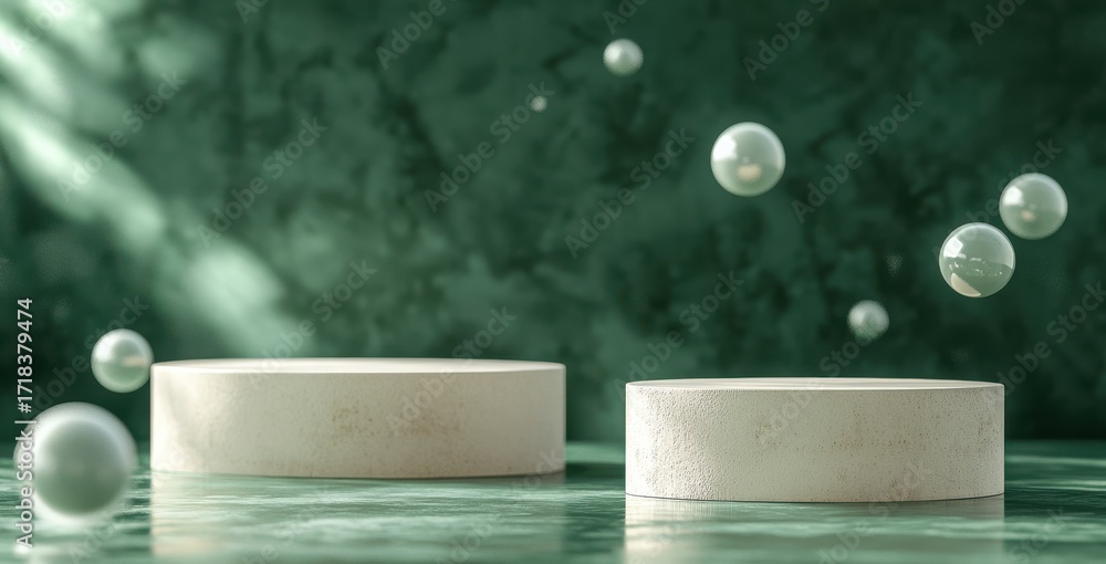 Poster elegant 3d rendering of two minimalist beige podiums with floating pearl-like spheres on a dark gree