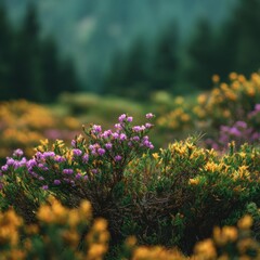 Obraz premium Vibrant Wildflowers Blooming Amidst Lush Greenery in a Serene Natural Landscape, Capturing the Essence of Nature's Beauty and Tranquility