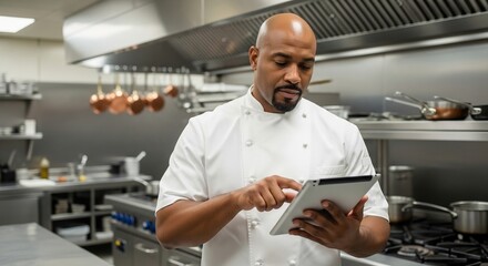 Professional Chef Uses Digital Tablet for Efficient Recipe Management in a Modern Commercial Kitchen Setting