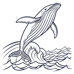 Vector art of a captivating line art illustration showcases a majestic humpback whale leaping gracefully from the ocean waves, its form outlined with precision and elegance