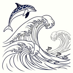 Vector art of a captivating line art illustration showcases a playful dolphin leaping over ocean waves, with graceful curves and dynamic energy, several fish are swimming in the water