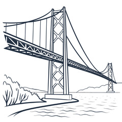 Vector art of a line drawing of a suspension bridge over water, with hills in the background, the bridge is drawn in a simple, minimalist style, with clean lines and no shading