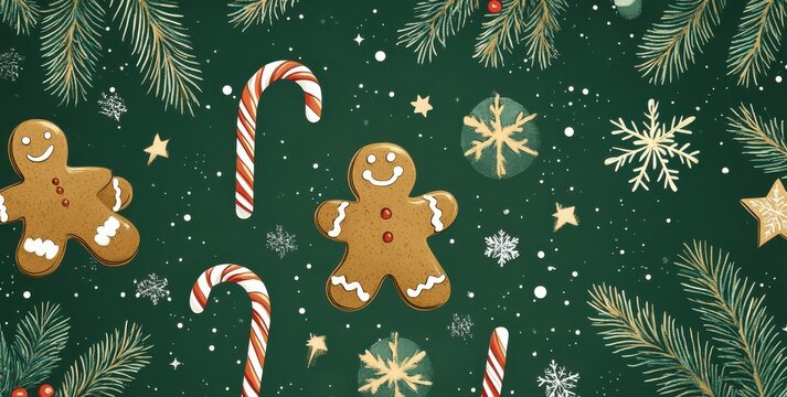 Festive Christmas pattern with gingerbread cookies and candy canes on a green background, decorated with snowflakes and fir branches for a holiday-themed design.