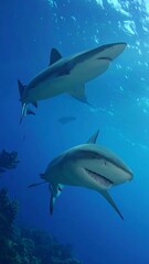 Fototapeta premium Two sharks in deep blue ocean