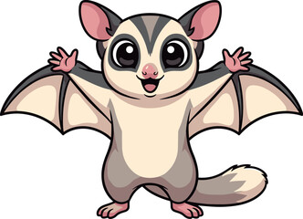 Cute sugar glider cartoon character with wide arms showing gliding membrane, standing pose, big eyes, bushy tail, vector illustration