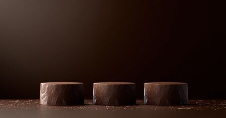 Dark brown chocolate pieces arranged artistically on a textured surface with a subtle gradient background