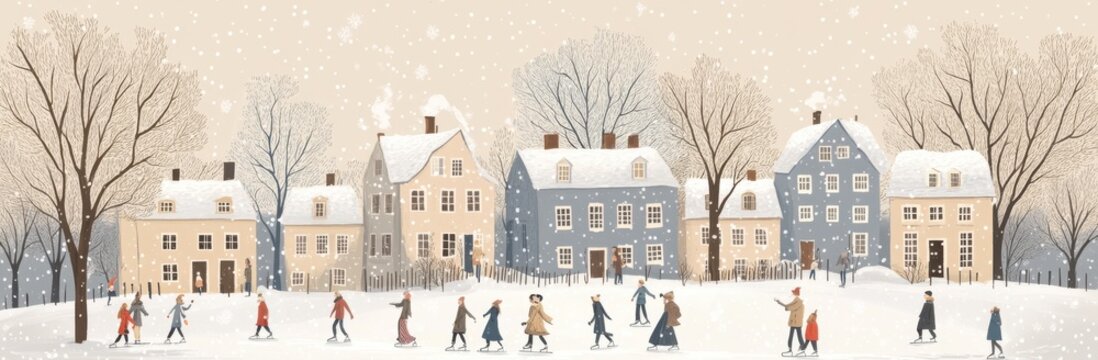 Charming winter scene of an old town with people ice skating and houses covered in snow