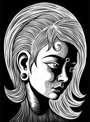 Black and White Linocut Portrait of a Young Woman