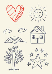 Hand-drawn illustrations: heart, sun, house, rainbow, tree, star