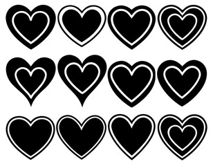 Twelve Black and White Double Heart Icons; Valentine's Day Graphics