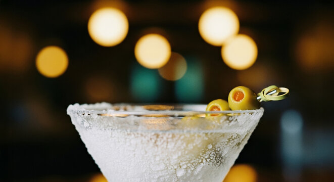 Chilled martini cocktail served in frosted glass with green olives and bokeh lights in background, elegant bar and nightlife ambiance
 - Powered by Adobe