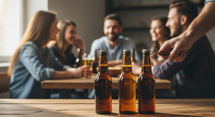 Brown bottle beer stands out with a social gathering of friends at brewery, brown bottle beer highlighted. Group enjoying beer with friends and socializing in cheerful setting.