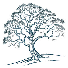 Vector art of detailed sketch of a mature tree with dense foliage and winding branches, standing on a gentle slope, the artwork showcases the beauty and complexity of nature