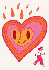 Happy Heart Illustration: Woman Running Towards Burning Love Graphic