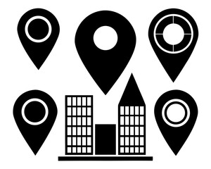 Location Icons: Map Pins & City Buildings Illustration