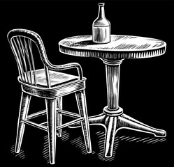 Vintage Wood Chair and Table with Bottle Illustration