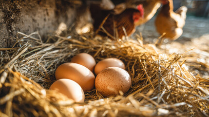 Freshly laid brown eggs resting in a cozy nest of golden straw with a hen in the softly lit rustic barn background providing a warm farm atmosphere