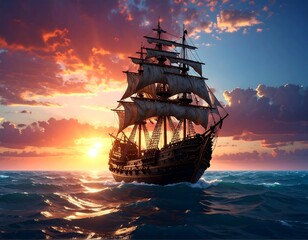 Fototapeta premium Majestic sailing ship at sunset