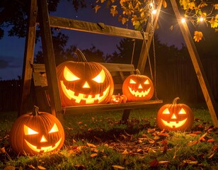 Halloween pumpkins on a swing at night