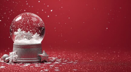 A Beautiful Snow Globe Capturing a Magical Winter Scene with Falling Snowflakes, Glittering Snow and Holiday Spirit Against a Vibrant Red Background