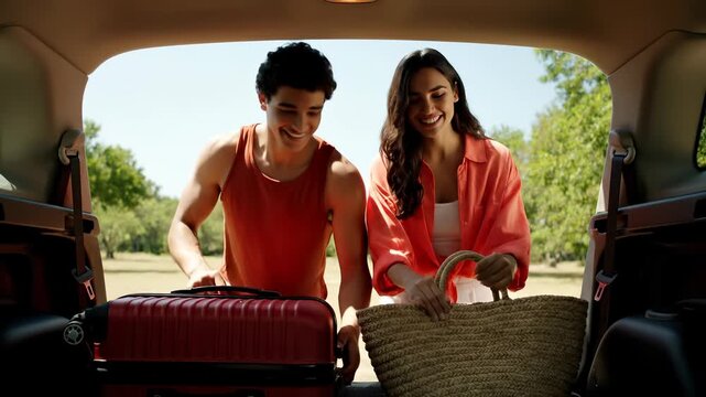 Couple loads luggage into car for road trip in park. A cheerful, candid moment of adventure and togetherness. Travel lifestyle, weekend getaway, summer leisure.