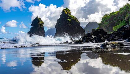 Dramatic ocean waves crash against dark volcanic rock formations, reflecting in calm shallows