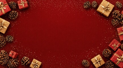 A Festive Arrangement of Wrapped Gifts and Pinecones on a Rich Red Background, Perfect for Celebrating the Holiday Spirit and Creating Joyful Memories
