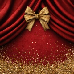 Elegant Red Drapery with Golden Sparkles and a Decorative Bow, Perfect for Celebrations and Special Occasions Capturing a Festive Atmosphere