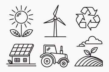 Sustainable Energy Icons: Solar, Wind, Recycling, Farm