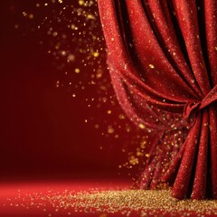 An Elegant Red Curtain Draped with Sparkling Golden Confetti, Creating a Dramatic Backdrop for Theatrical Performances and Celebratory Events