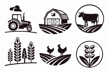 Farm Icons: Tractor, Barn, Cow, Wheat, Chicken - Black and White Vector Illustrations