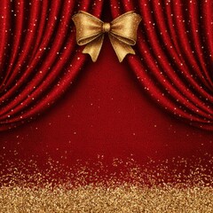 Luxurious Red Curtain Backdrop with Gleaming Gold Ribbon and Glitter for Festive Events and Celebrations, Perfect for Stage Designs and Holiday Decor