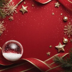 Festive Red Background with Winter Elements, Including a Snow Globe, Gold Stars, and Green Pine, Perfect for Holiday Celebrations and Seasonal Decorations