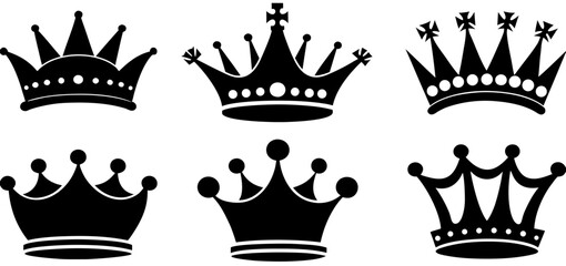 Six Black Crown Silhouettes: Vector Graphics Set