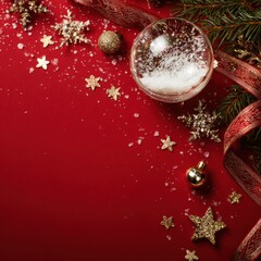 A Festive Display of Christmas Decorations Featuring a Snow Globe, Ornaments, and Sparkling Stars on a Vibrant Red Background