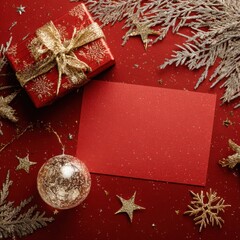 A Festive Arrangement of a Red Gift Box with Glittering Ribbon, a Blank Card, and Holiday Decorations on a Cheerful Background of Gold and Red.