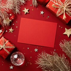 Festive Holiday Scene Featuring Glittering Gold and Red Decorations, Wrapped Gifts, Sparkling Stars, and Blank Card Against a Vibrant Background