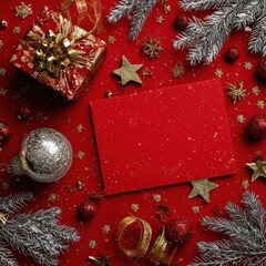 Festive Red Background with a Gift Box, Christmas Ornaments, and Decorative Elements for a Celebration Atmosphere