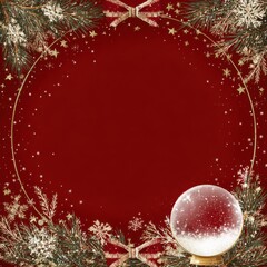 A Captivating Christmas Scene Featuring a Snow Globe Surrounded by Festive Decorations and Sparkling Winter Elements on a Rich Red Background