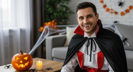 Handsome man in Halloween costume posing indoors with carved pumpkin lantern for Halloween. Festive Halloween celebration includes vampire in cape and decorations, creating spooky atmosphere.
