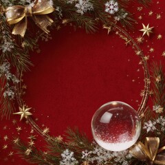 Festive Holiday Decor Featuring Ornate Gold Ribbon, Evergreen Wreath, Sparkling Stars, and a Beautiful Shatterproof Glass Ornament Against a Vibrant Red Background