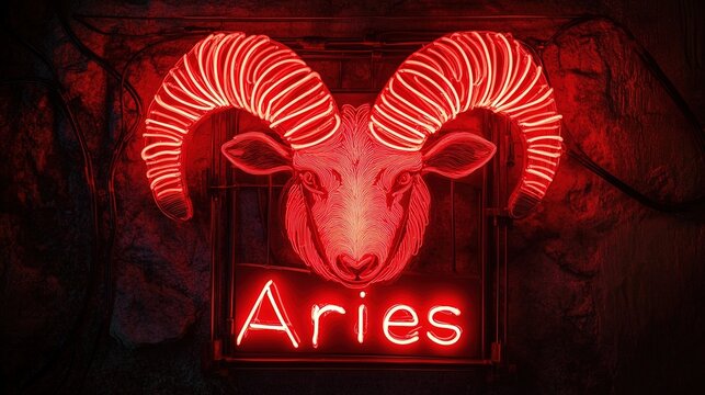 The vivid Aries astrological symbol is illuminated by radiant neon light, embodying the fiery essence of the zodiac sign. Stock Image.