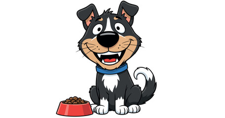 Happy cartoon dog with food bowl, smiling pet illustration for kids, animal care, puppy feeding, playful vector character design