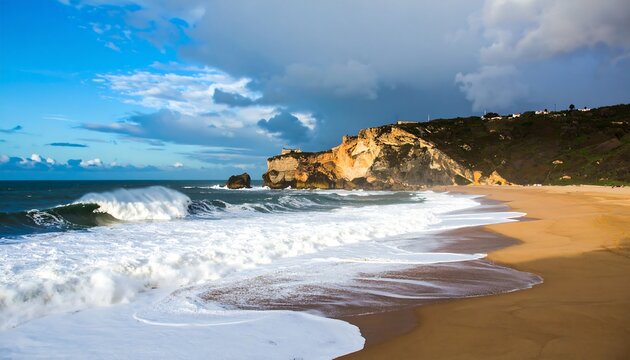 Dramatic ocean waves crash on sandy beach, cliffs loom - Powered by Adobe