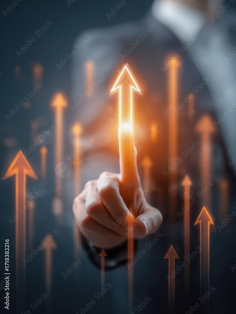 Poster businessman pointing at glowing arrow symbolizing growth and progress with multiple arrows rising in